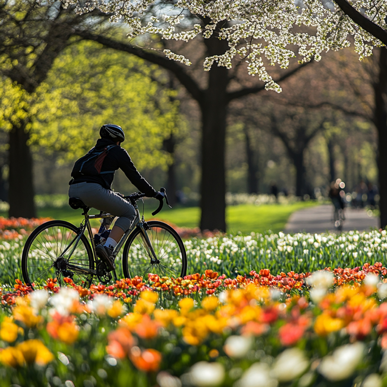 cyclist enjoying spring day blooming flowers