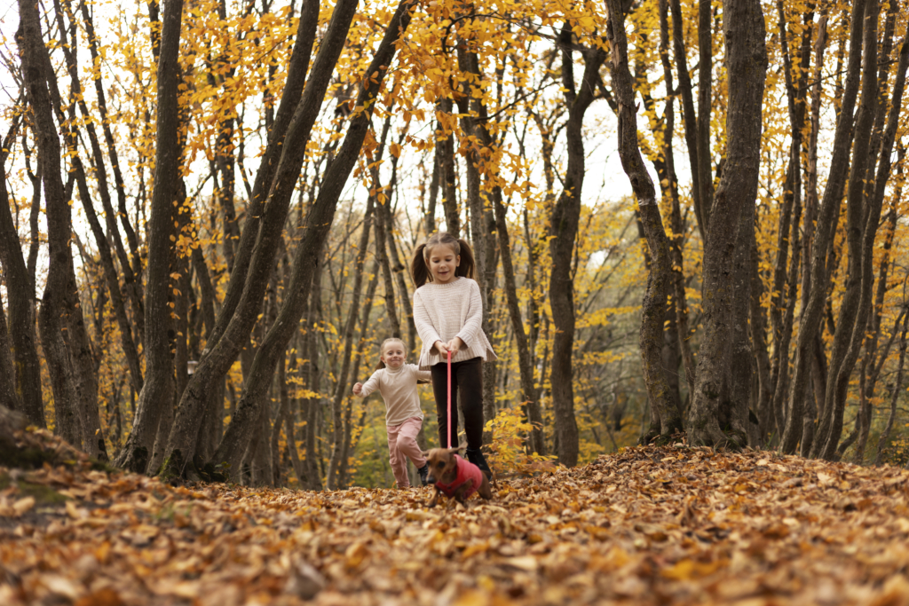 full shot girls with dog nature