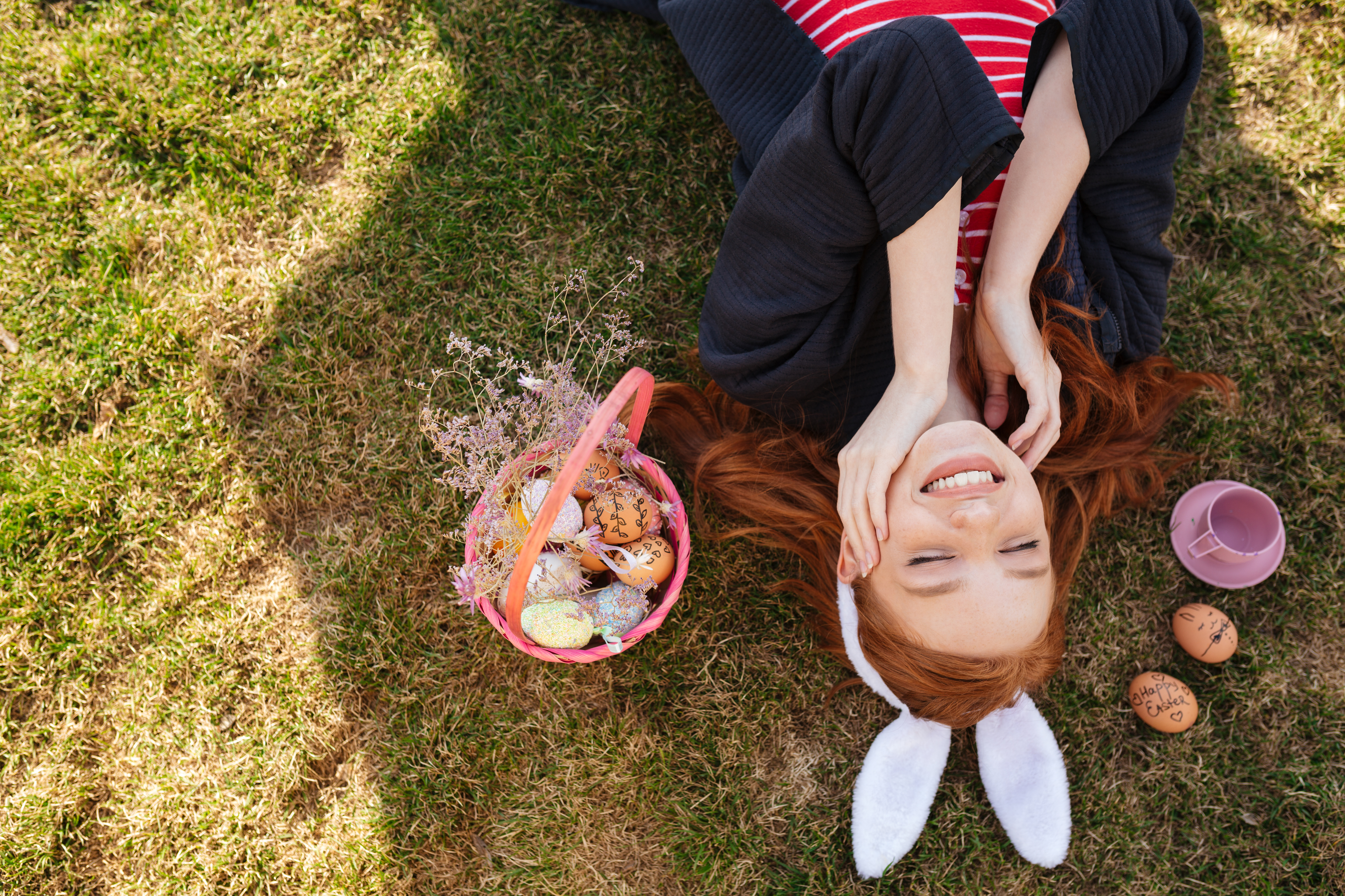 top view portrait smiling happy red head woman